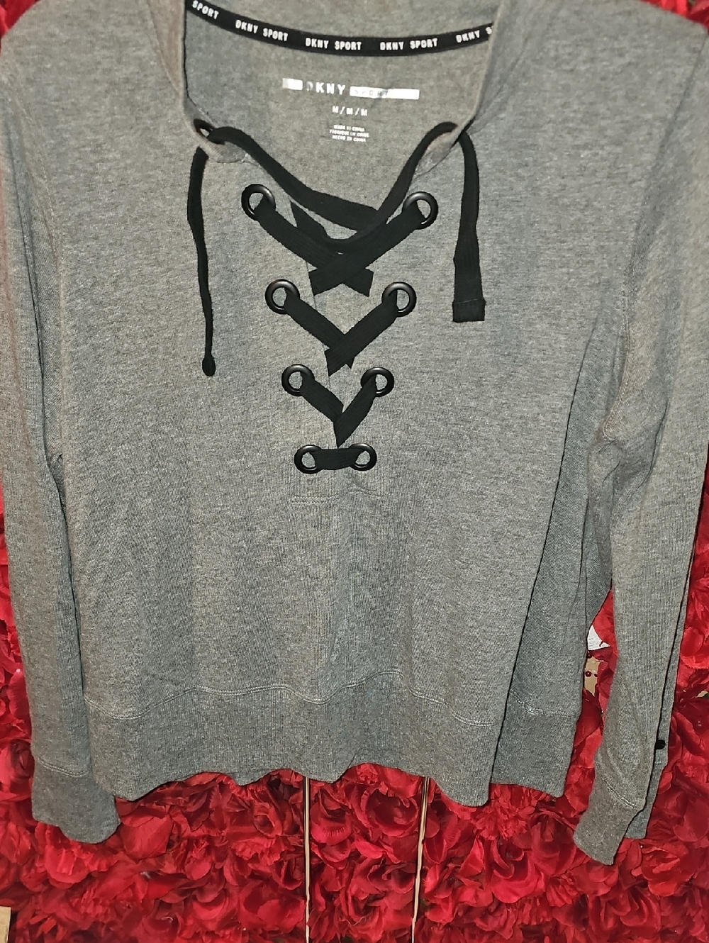 DKNY Women's Gray V-Neck Lace-Up Sweatshirt with Black Trim Size Medium